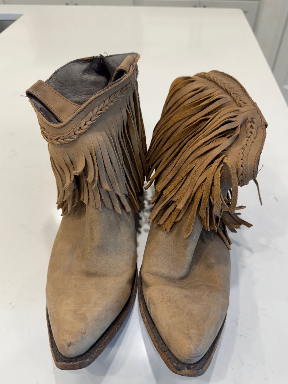 Vintage Tan Suede Fringe Western Cowboy Ankle Boots Boho - Picture 3 of 7